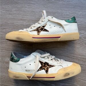 Golden Goose White and Green Sneakers with Leopard Star